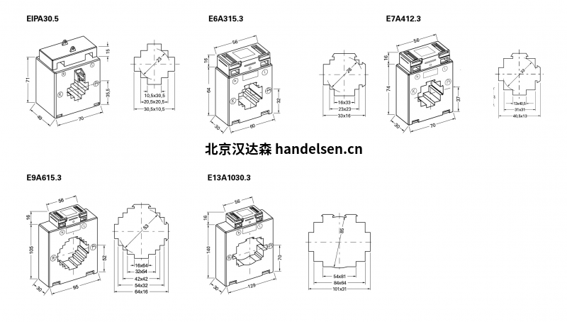 Janitza用于计费的塑壳电流互感器，等级0.5尺寸表