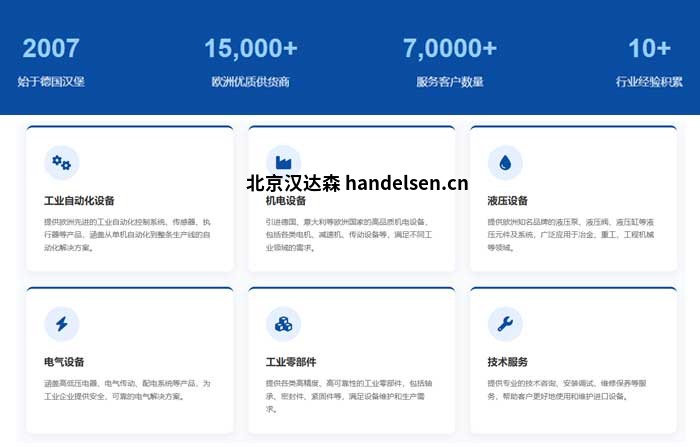 汉达森在欧洲工业备件采购领域已经深耕17年，积累了15000+欧洲供货商及工厂资源，服务网络覆盖全国70000+客户，在冶金、能源、航天、汽车等行业拥有丰富的实战经验